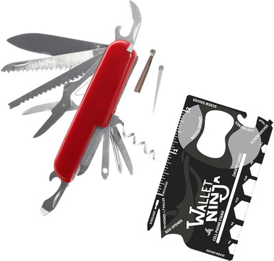 DSTECHBAR 14in1 Multifunction Tool with 18in1 Ninaj Card Tool Steel Survival (Combo) Can Opener, Multi Tool, Survival Knife(Red, Black)