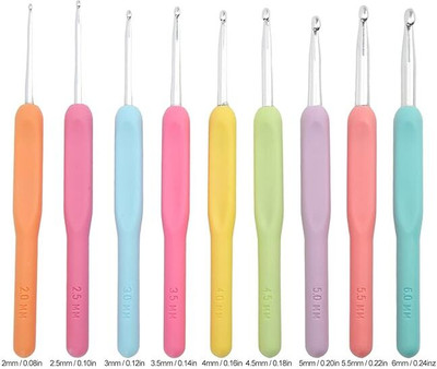 prabhas designs 2.0~6.0 mm Full Set 9 Pcs Soft Rubber Plastic Handle Aluminum Loom Crochet Hooks Knitting Pin(Pack of 9)
