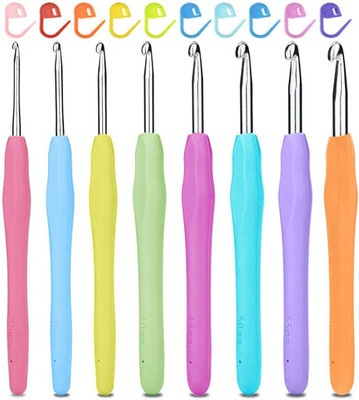 HASTHIP 8pcs Crochet Hooks Set Aluminium Soft Grip Rubber Handle Needles with Knitting Knitting Pin(Pack of 8)