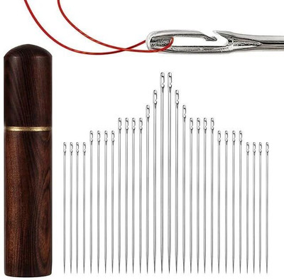 MSVTRADESS Stitching Needle Set with Wooden Needle Case|30pcs Self-Threading Needle KitM08 Knitting Pin(Pack of 30)