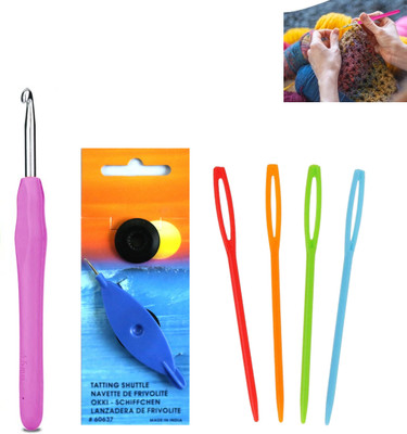 Artonezt Crochet Hook Needle 4.0mm +Tatting Shuttle with Bobbin + Wool Needles Knitting Pin(Pack of 2)