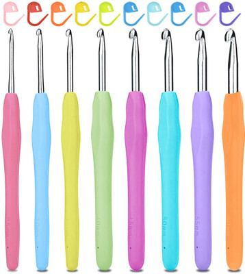 PATPAT 8pcs Crochet Hooks Set Aluminium Soft Grip Rubber Handle Needles with 10 Knitting Crochet Locking Stitch Markers Craft Yarn Sewing Tools (2.5mm/3mm/3.5mm/4mm/4.5mm/5mm /5.5mm/6mm) Knitting Pin(Pack of 8)