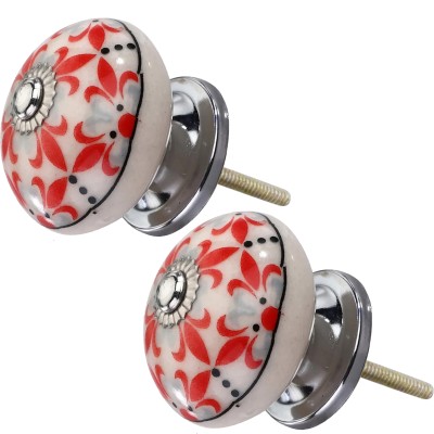 Screwtight Fleur de Lis 1-3/5 in. Round Cabinet Knob (CK603-02) Ceramic Cabinet/Drawer Handle(White, Red Pack of 2)