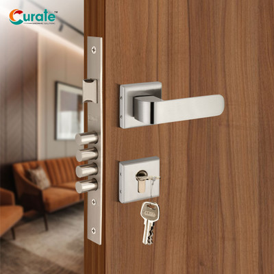 CURATE Stainless Steel Door Lock with Deadbolt & Lever Handle, Key Included Stainless Steel Door Handle(Silver Pack of 1)