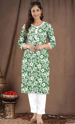 AURA CLOTHING Women Printed Straight Kurta(Green, White)