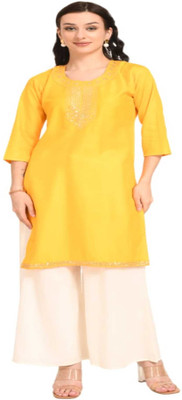 jankriti lifestyles Women Self Design Straight Kurta(Yellow)
