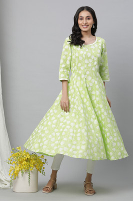 Aurelia Women Floral Print Flared Kurta(Green)