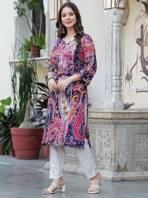 Queenslifestyle Women Embellished, Floral Print, Embroidered Pakistani Kurta(Multicolor)