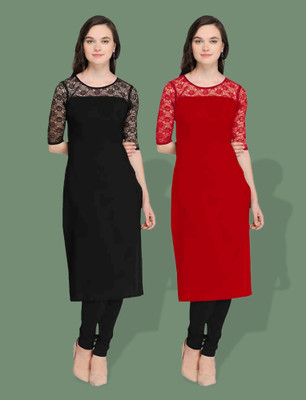 Maheshvi Women Self Design Straight Kurta(Red, Black)