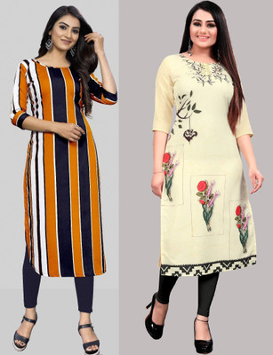 maruti fab Women Floral Print Straight Kurta(Yellow, Beige)
