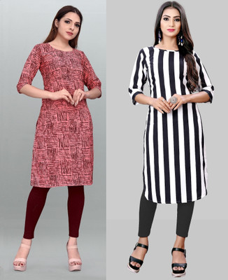 maruti fab Women Striped, Printed A-line Kurta(Red, White)