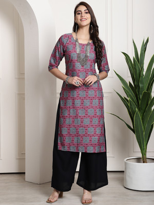 EthnicBasket Women Printed Straight Kurta(Purple)