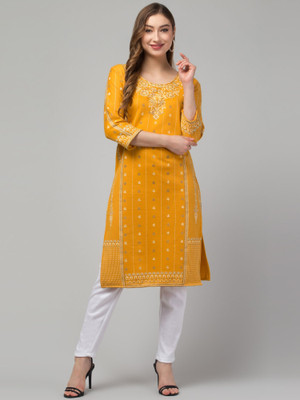 SwalihFashion Women Printed A-line Kurta(Yellow)