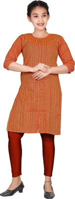T4YOU Girls Self Design Straight Kurta(Orange)