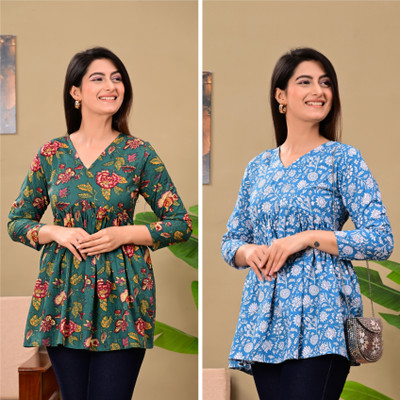 LattaGhaba Casual Floral Print Women Green, Blue Top