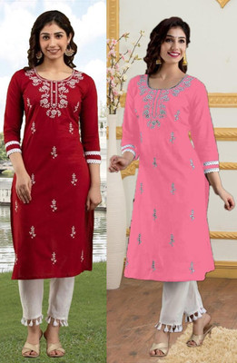 vikshi Women Chikan Embroidery Straight Kurta(Multicolor)