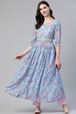 VBUYZ Women Floral Print Flared Kurta(Light Blue)