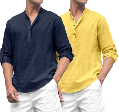 ROYAL SCOUT Men Solid Straight Kurta(Dark Blue, Yellow)