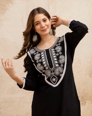 Surhi Women Embroidered Straight Kurta(Black)