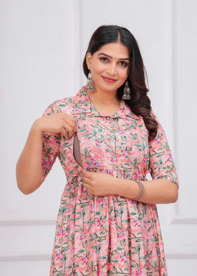 UR7 Women Printed Anarkali Kurta(Pink)