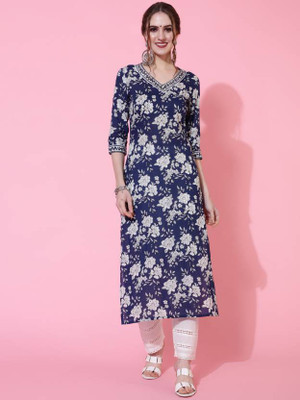 Vnyashri Women Printed A-line Kurta(Blue)