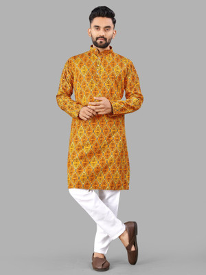 allan peter Men Printed Straight Kurta(Yellow)