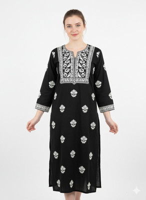 Unstop Women Chikan Embroidery Ethnic Dress Kurta(Black)