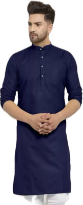 HouseOfCommon Men Solid A-line Kurta(Dark Blue)