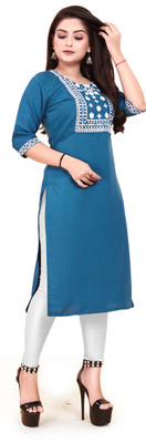 KURTIFABRIC Women Embroidered A-line Kurta(Blue)