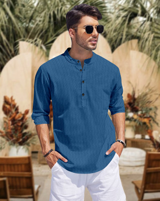 Growwax Men Self Design Straight Kurta(Blue)