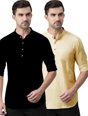 Apektra Men Solid Straight Kurta(Beige, Black)