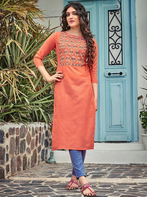 RR SA KURTIS Women Embroidered Straight Kurta(Pink)