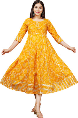 Sanganer Export Women Printed Anarkali Kurta(Yellow)
