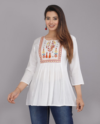 BADTHUNIA FAB Women Embroidered A-line Kurta(White)