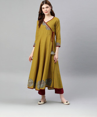 AKIKO Women Floral Print Flared Kurta(Yellow)