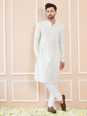 See Designs Men Embroidered Straight Kurta(White)