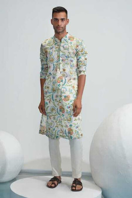 Priyashi Men Printed Straight Kurta(Green)