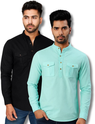 CROWNTAIL Men Solid Straight Kurta(Black, Light Blue)