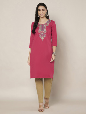Trend Level Women Embroidered Straight Kurta(Pink)