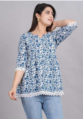 shri siddhi vinayak Women Self Design Tunic Kurta(Light Blue, White)