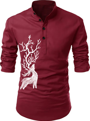 hfm Men Animal Print Straight Kurta(Maroon)