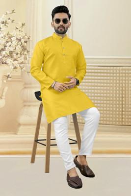 Shree Dutt Creation Men Solid Straight Kurta(Yellow)