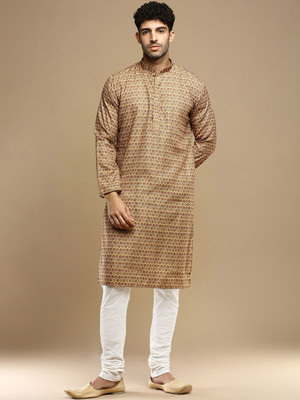 ANOUK Men Geometric Print Straight Kurta(Brown)