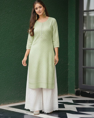 Clothify Women Chikan Embroidery Straight Kurta(Green)