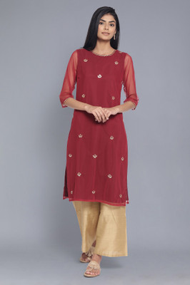 W Women Self Design Straight Kurta(Red)