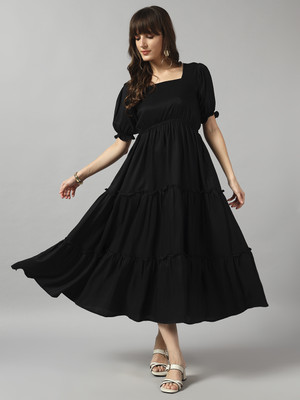 Jash Creation Women Fit and Flare Black Midi/Calf Length Dress