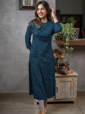 varni creations Women Abstract Straight Kurta(Dark Blue)