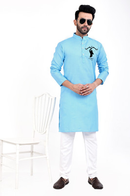 nightron Men Self Design Straight Kurta(Blue)