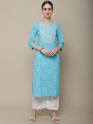 Vastramyaa Women Printed Straight Kurta(Light Blue)