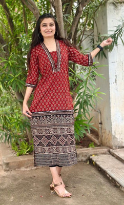 ABCD Women Block Print A-line Kurta(Maroon)